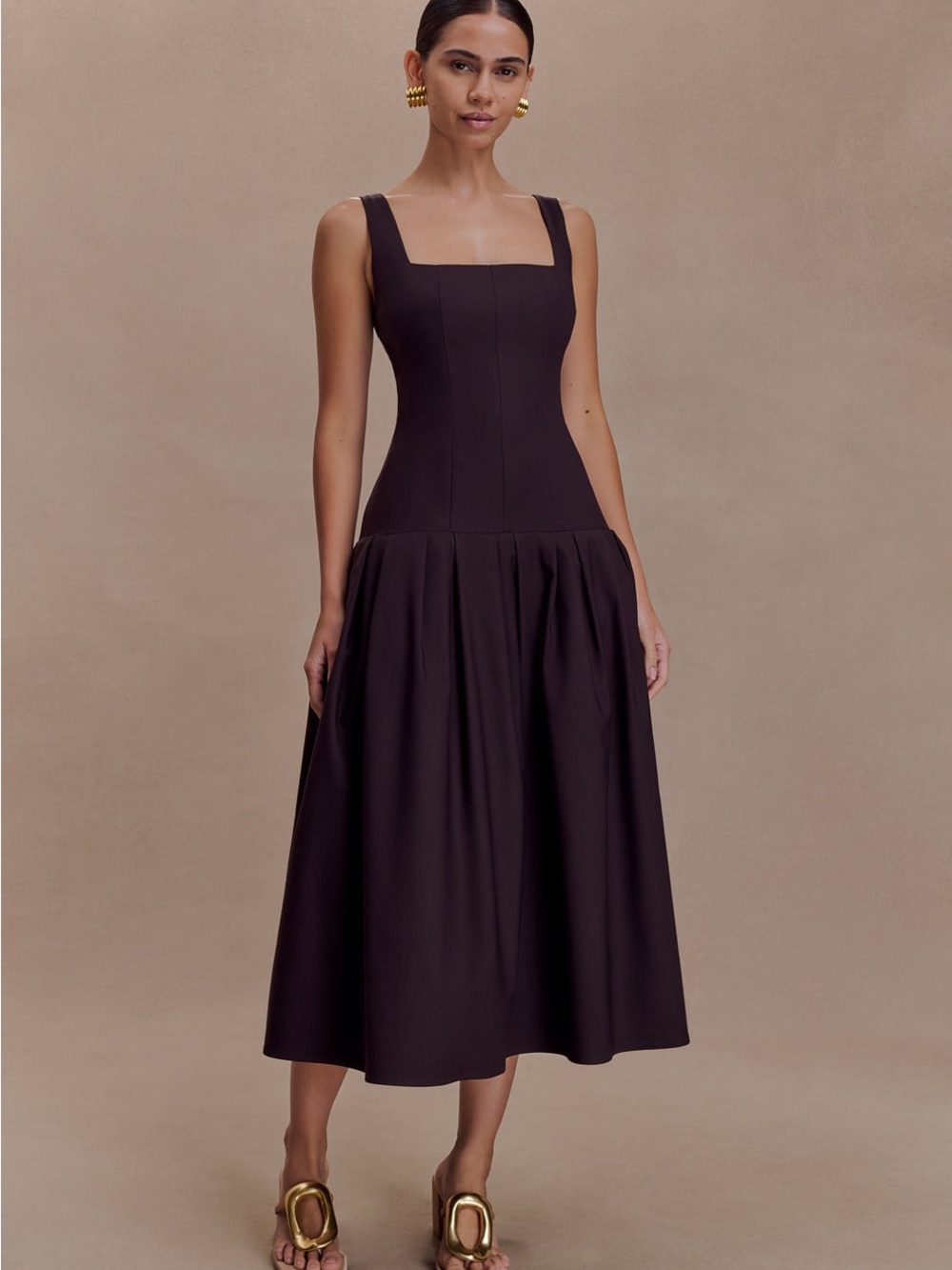 Meshki Natascha Drop Waist Cotton Midi Dress Small Chocolate NWT